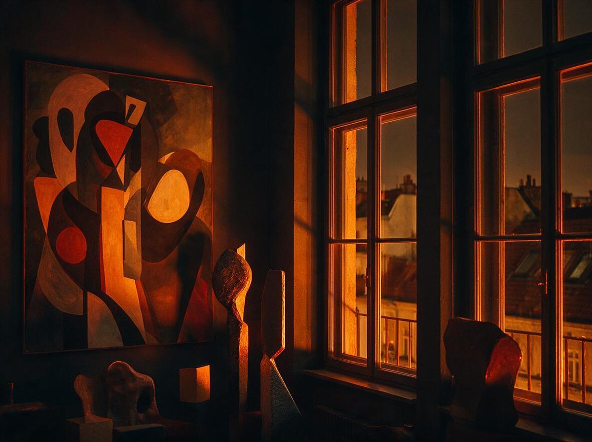 Aquarellierte Küstenarchitektur mit winzigen anonymen Silhouetten